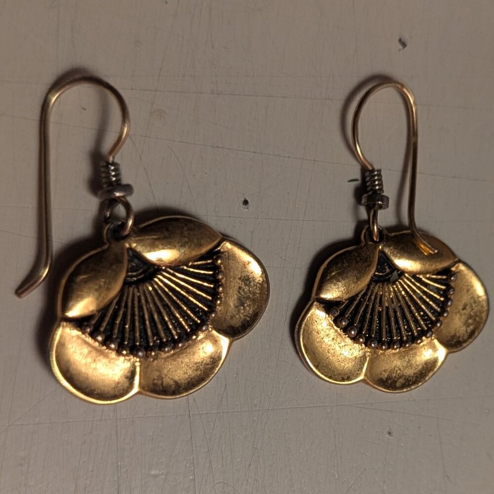 Vintage Laurel Burch Plum Blossom Dangle Drop Goldtone Earrings - Picture 5 of 9